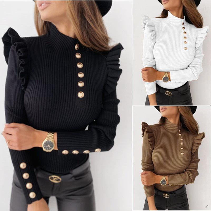 

Women's Polos Fashion Turtleneck Long Sleeve Black White T Shirt Women 2023 Autumn Winter Buttons Ruffles Top T-shirt Woman Tshirt, Khaki