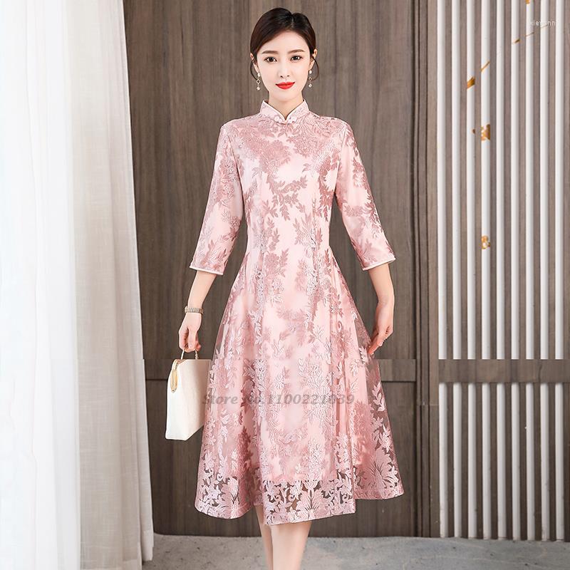 

Ethnic Clothing 2023 Traditional Chinese Dress Vintage Flower Embroidery Cheongsam Retro Improved Lace Evening Vestido