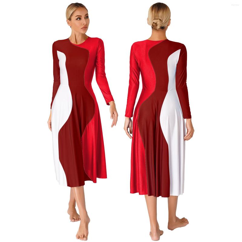 

Stage Wear Womens Ballroom Lyrical Dance Dress Choir Performance Ballet Costume Long Sleeve Round Neck Prom Dresses Dancewear, Purple