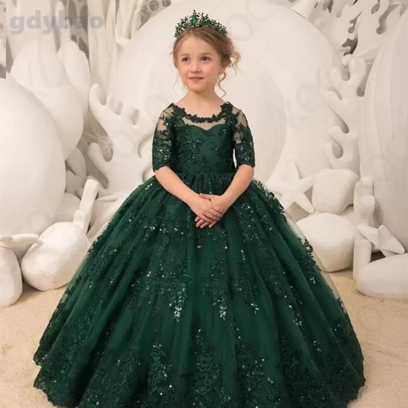 

Girl Dresses Dark Green Princess Flower Girls' Half Sleeves Beaded Lace Applique Tulle Pageant Party Birthday Gowns With Bow Bac, Blue