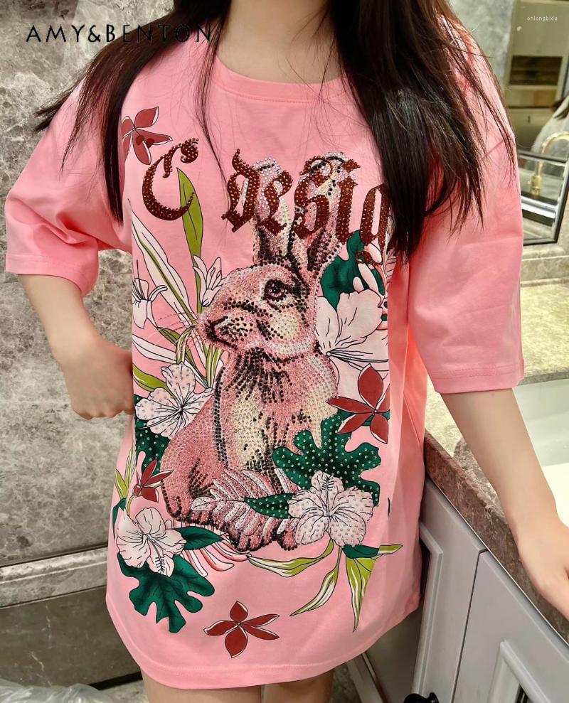 

Women's T Shirts Women's Clothes T-shirt Heavy Industry Flower Print Drilling Korean Style Casual Slimming Short Sleeve Tshirt, Black