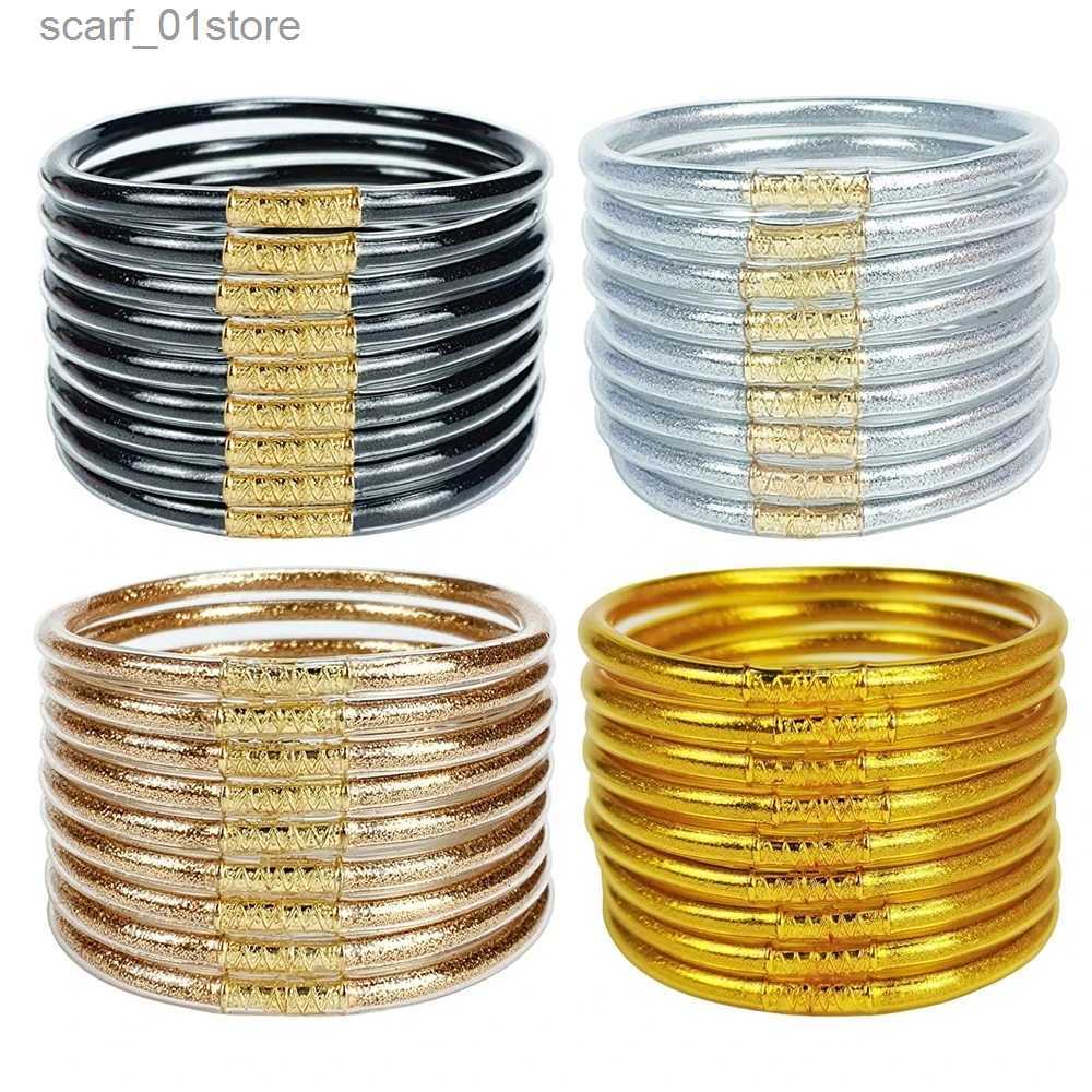 Chaîne 9pc brillant paillettes empilable Tube de gelée Bracelets en plastique ensemble de Bracelets pour les femmes rempli Sile poignet léger pou