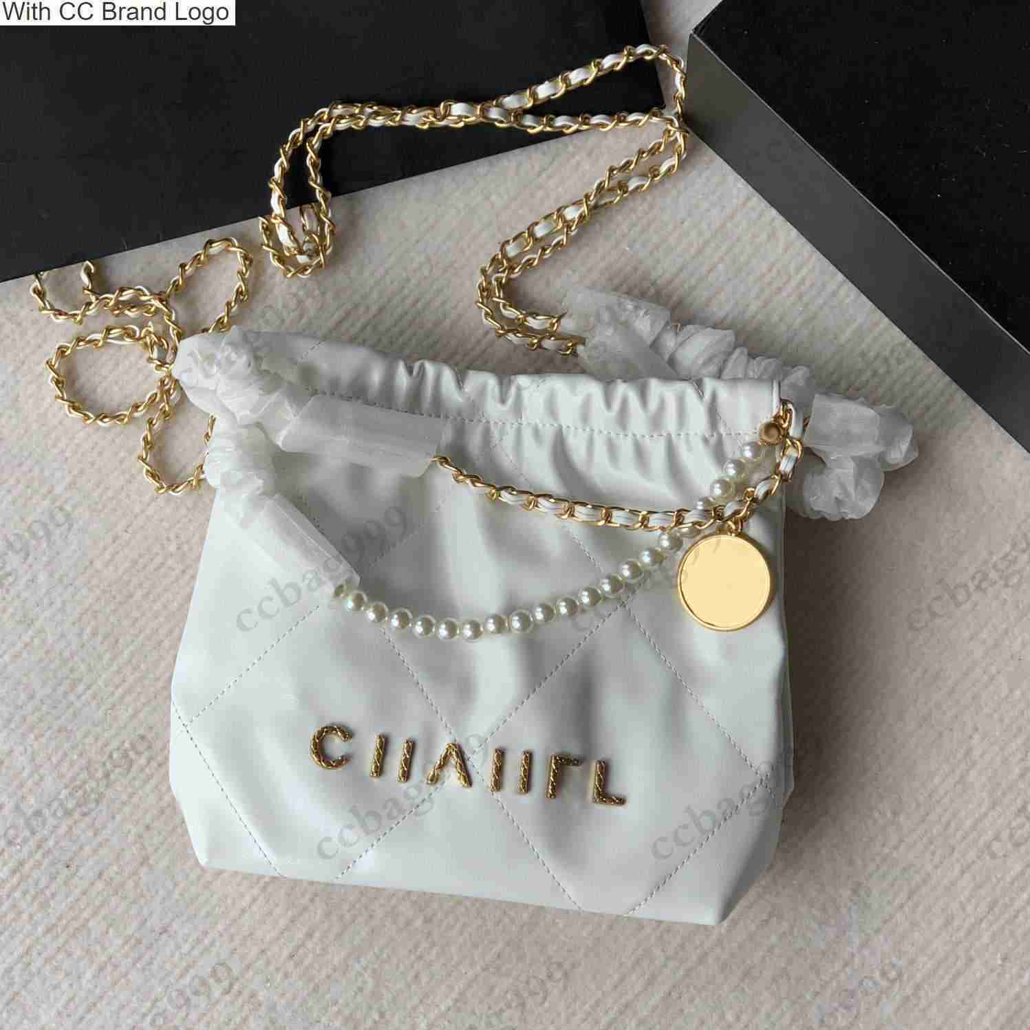 

Cc Brand Shoulder Bags Women Shiny Calfskin 22 Pearl Shopping Classic Diamond Quilted Gold Letter Metal Hardware Chain Cross Coins Purses Designer, Black