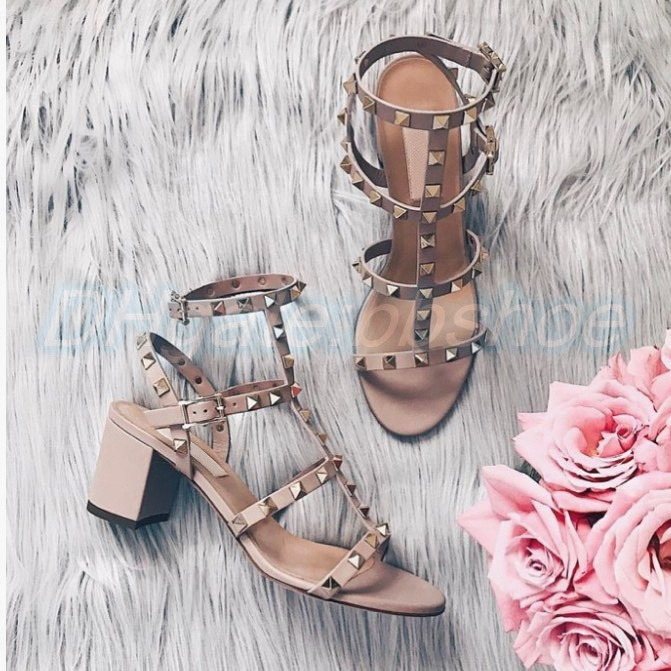 

Leather High heel luxury woman Strappy Sandals rivet high heel Dress man Shoe designer Alphabet lady slides pool outside slipper, #7