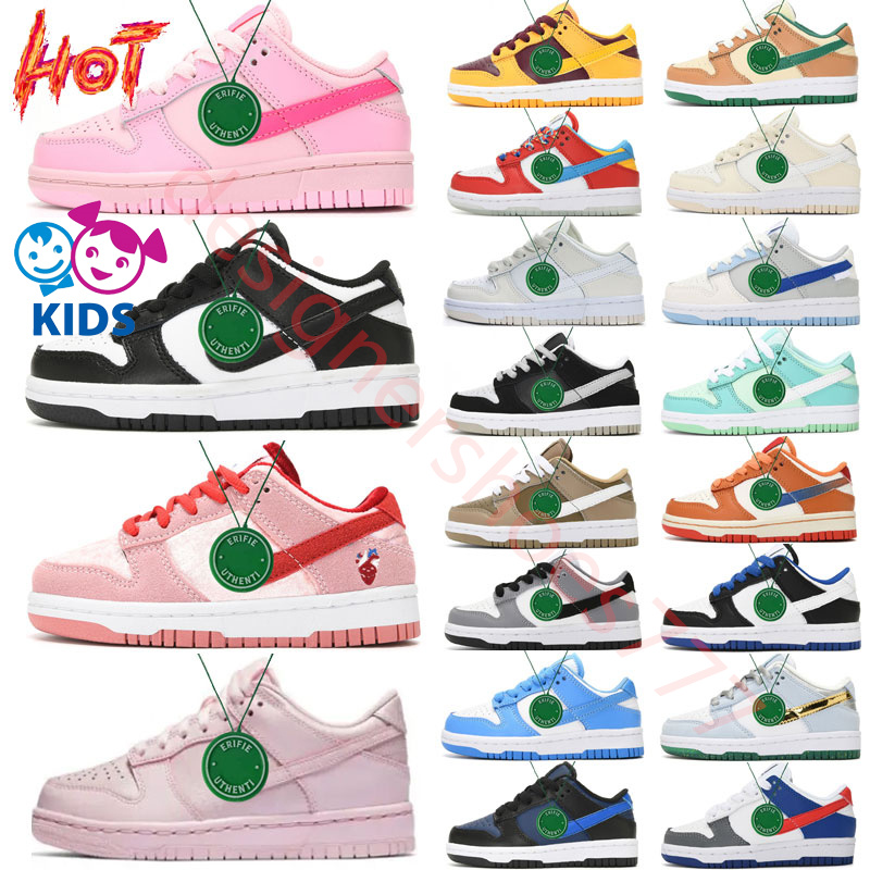 

panda dunks shoes Kids baby Boys Girls off Authentic black and white Pink dunks Safari Mix Wolf Grey Pine Green University red children youth shoe Size 24-37, Color # 28