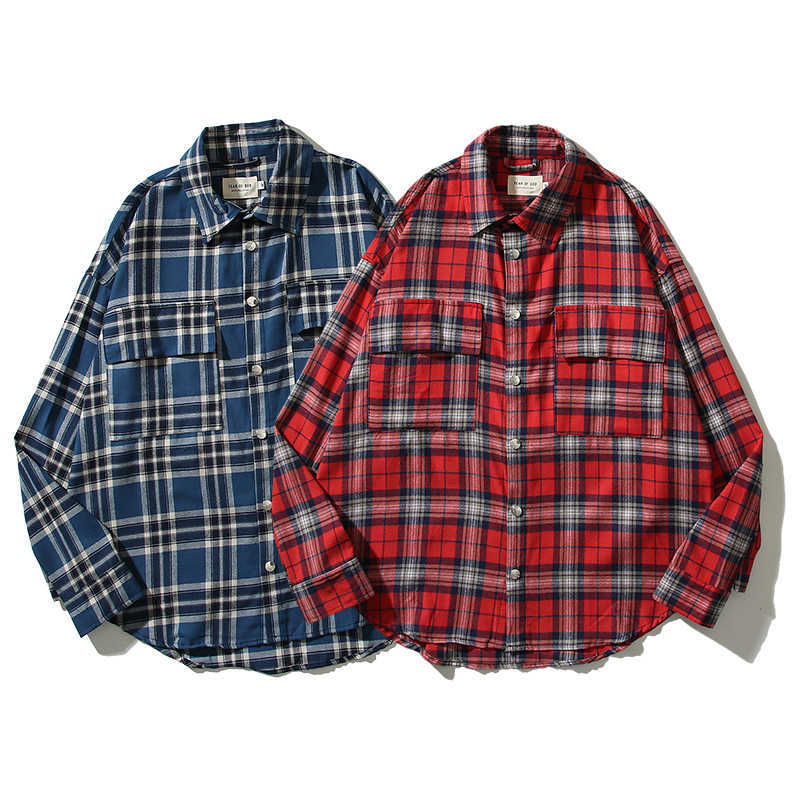 

ESS Shirts ESSEN FOG Main Line Jerry American High Street Plaid Flannel Polo Collar Long Sleeve Shirt Mens Womens, Shipping fee