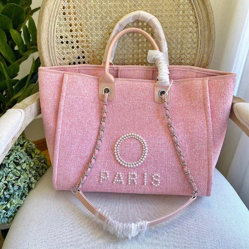 

Beach Tote Womens Shopping Bag Fashion Shoulder Bag Lasies Canvas Designer Beach Bags With Chain Luxury Handbag Linen Pearls Printing Chanels Crossbody Channel Travelling Bag