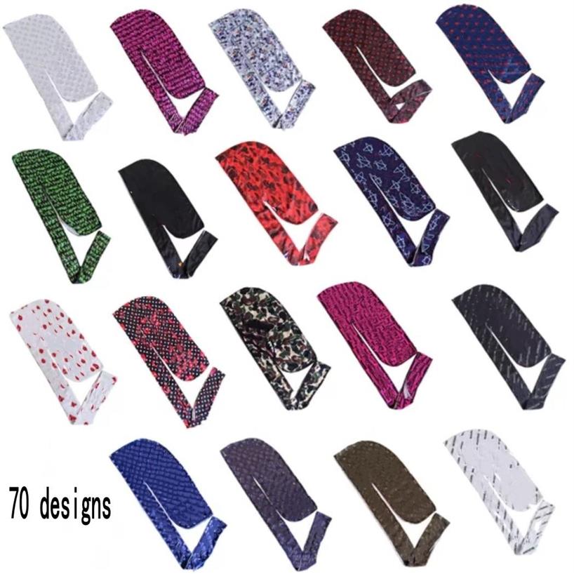 

Fashion 70 designs Men's Satin Designer Durags Bandana Turban Wigs Men Silky Durag Headwear Headband Pirate Hat Hair Accessor313H