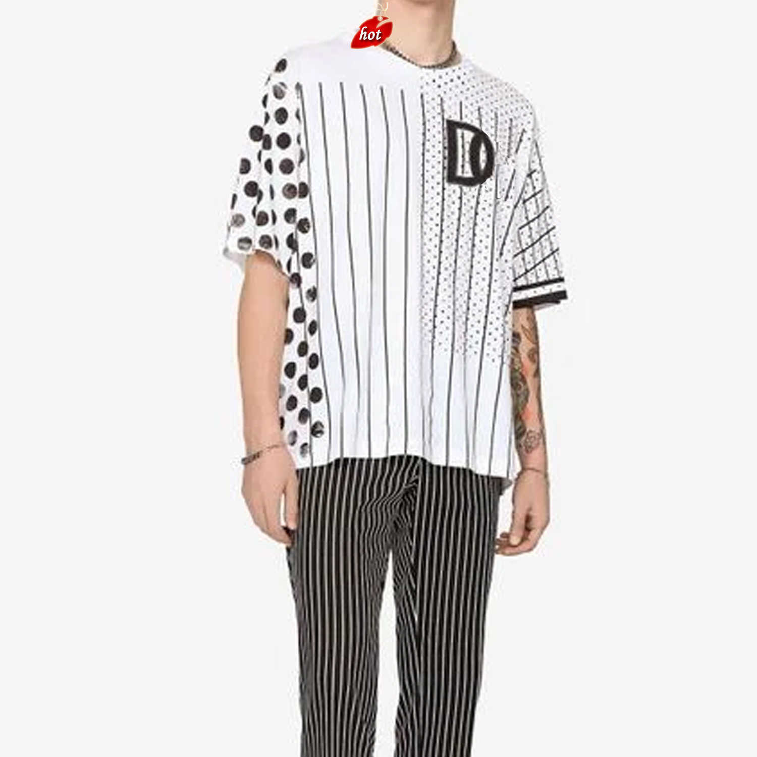 

Mens T-Shirts Men's White Patchwork Printed Crewneck Short-sleeved T-shirt 68623 dsquare 2 d2 dsqs dsq2s 6SZF