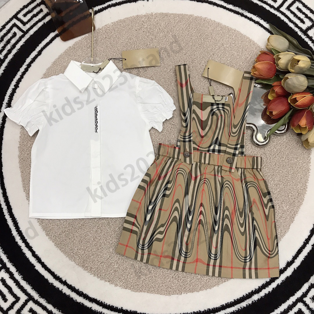 

kids designer clothing sets brand girls shirts with strappy dress two pieces sets high end cotton t-shirts with plaid skirts 2023ss summer children dresses sets, 1#