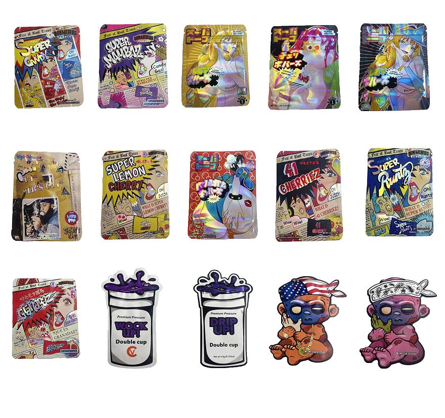 

EMPTY Edibles Packaging mylar bags lemon cherry 41 runty super mambaz candy Infused Gummy edible package