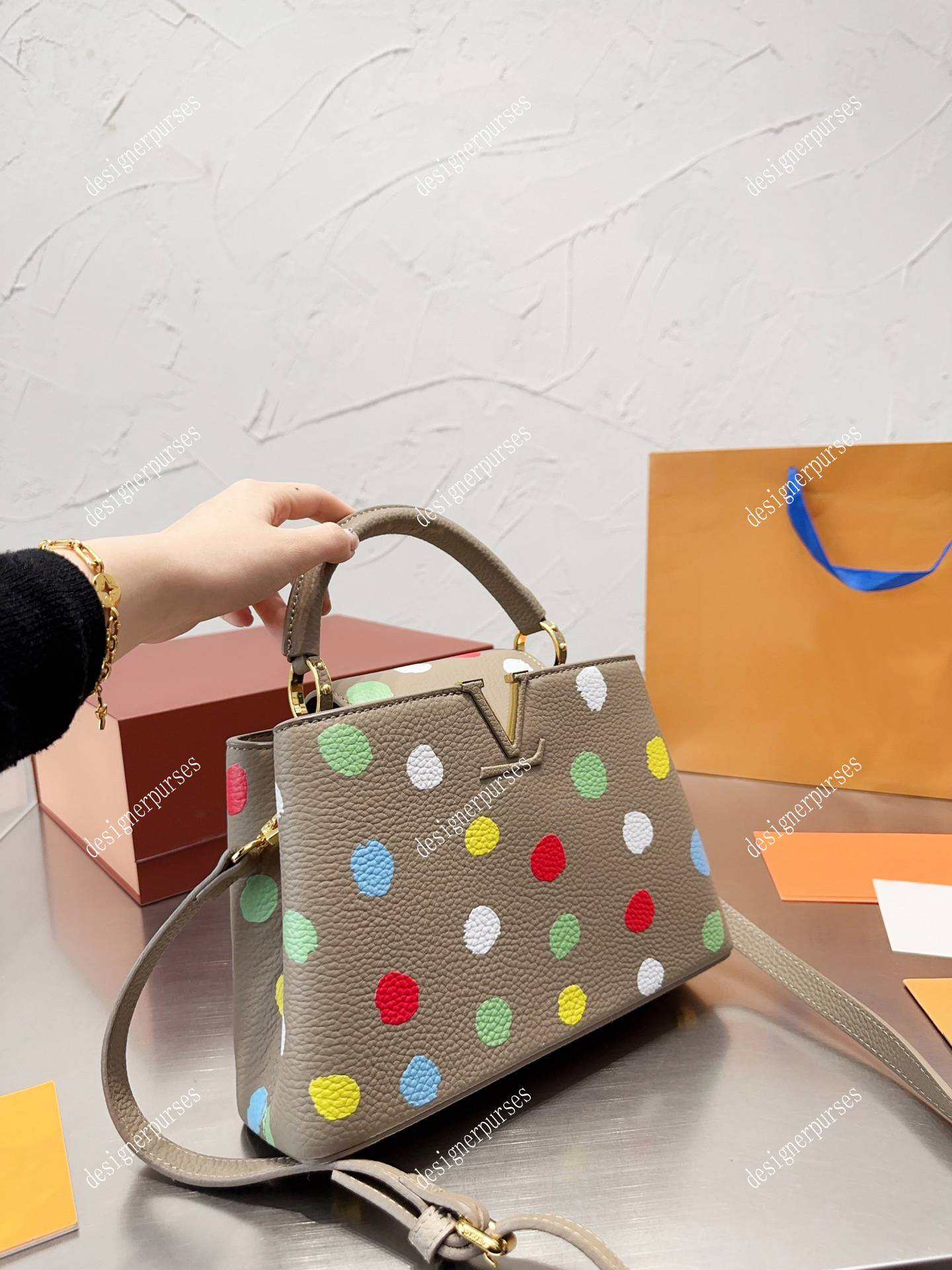 

TZ Luxury top layer cowhide tote bag Fashion Capucines Yayoi Kusama series handbags Designer bags Women Flap square shoulder crossbody bag Colored dots handbag 27CM, Beige