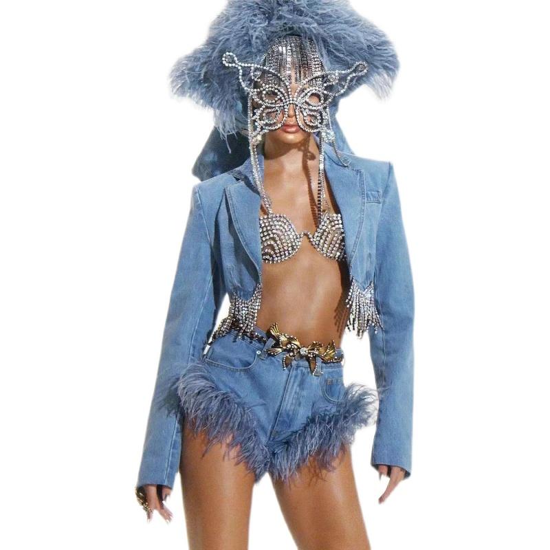 

Shorts KOREAN TWICE NAYEON TASSEL HEM DESIGN SHORT COAT WOMEN' IRREGULAR TASSEL DRILL STRIP DENIM JACKET OSTRICH FEATHER SHORTS SUIT, Denim shorts