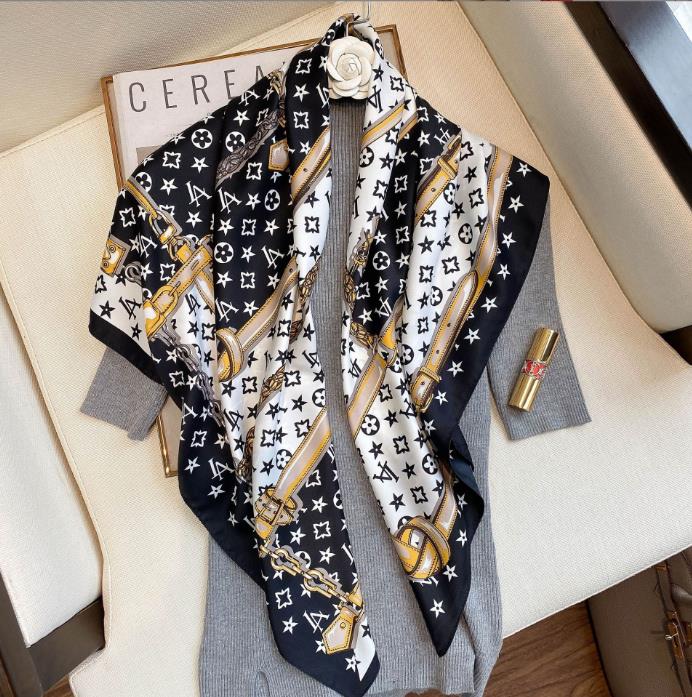 Simple Brand Classic Letter Design Satin Square Scarf Outdoor Shawl Silk Turban Beach Wrap Fashion Women Scarves 90*90cm
