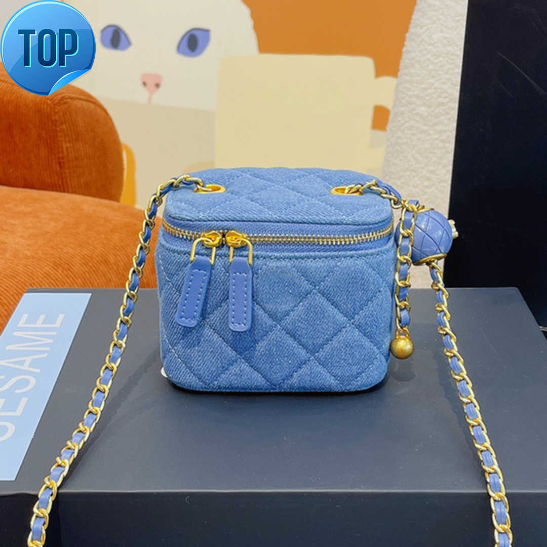 

Shoulder Bags Classic Mini Box Bags Fashion Adjustable Shoulder Strap Quilted Crossbody Bag Top Quality Denim Cosmetic Vanity Handbags Luxury Designers Coin PursH, Blue