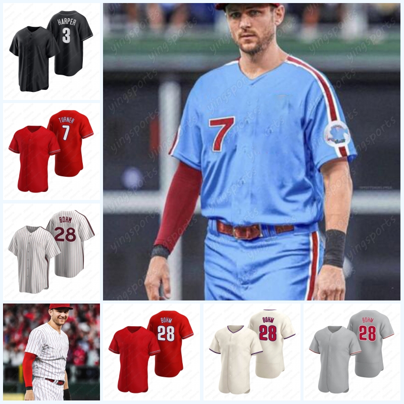 

#7 Trea Turner Baseball Jersey Phillies 16 Brandon Marsh Philadelphia 19 Cristian Pache 12 Kyle Schwarber 44 Jake Cave 5 Bryson Stott 28 Alec Bohm 21 Garrett Stubbs Soto, Black womens s-xxl