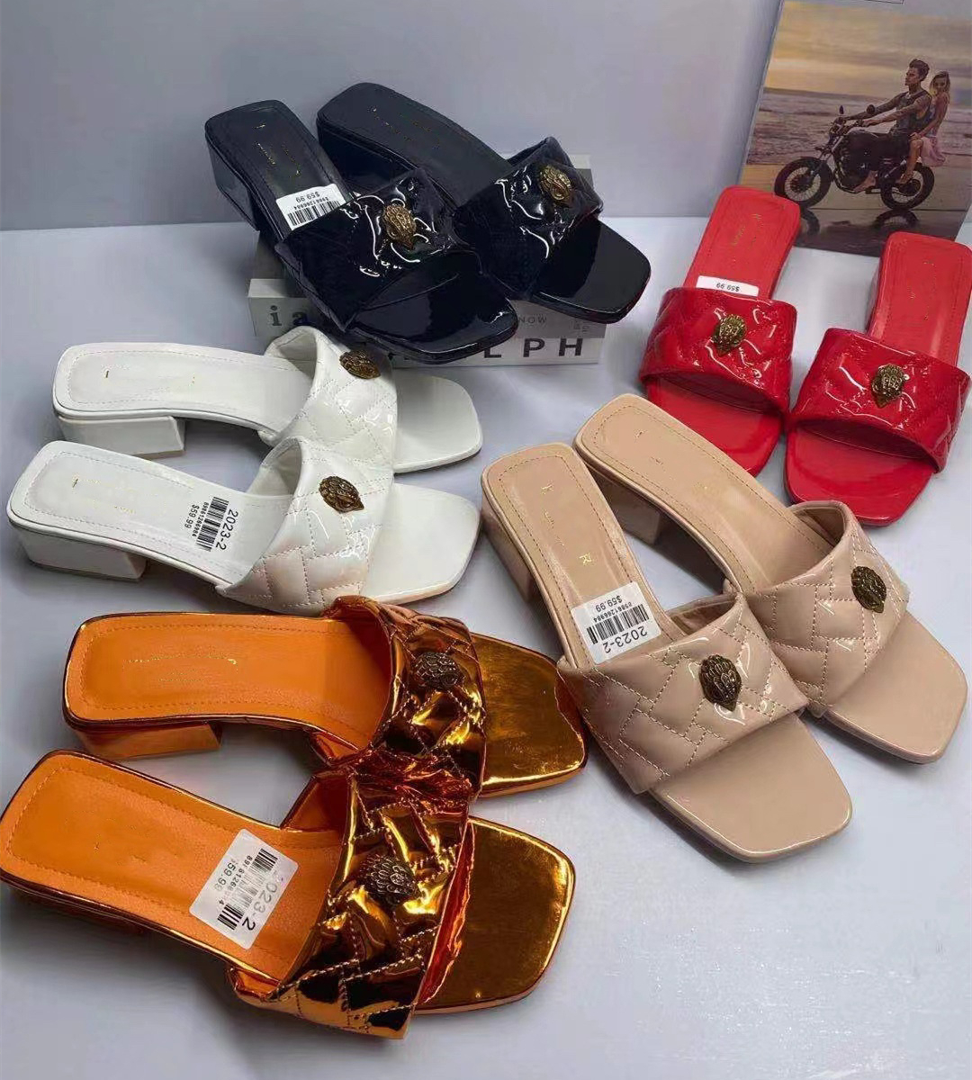

Kurt Geiger Flat Bottom Slippers Womens Splice Rainbow Sandals Designer Shoes Fashion Eagle Head Inlaid Diamond Slipper Summer Flat Beach Luxury Women Shoes High, As pic 2-rainbow-r