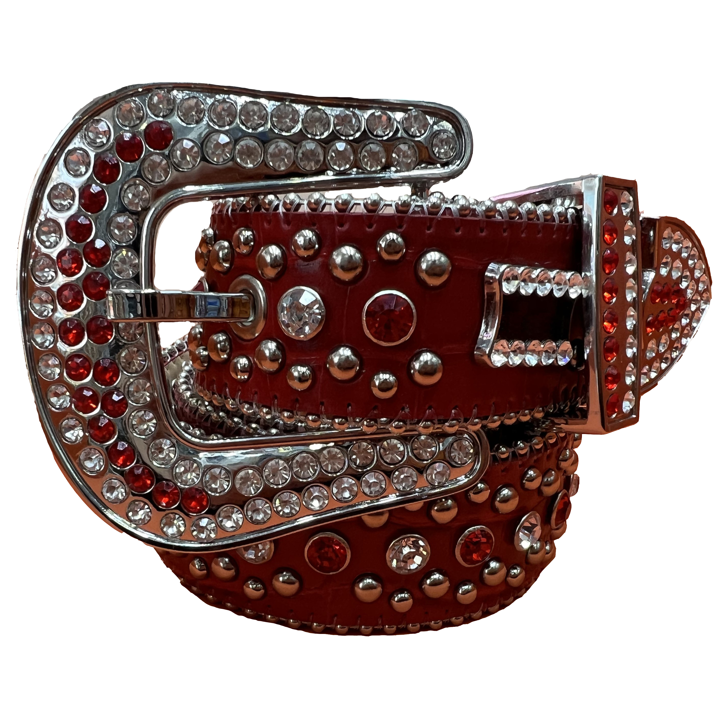 

Red colored bb belt for men womens designer belts with full rhinestones needle buckle waistbands, Customize