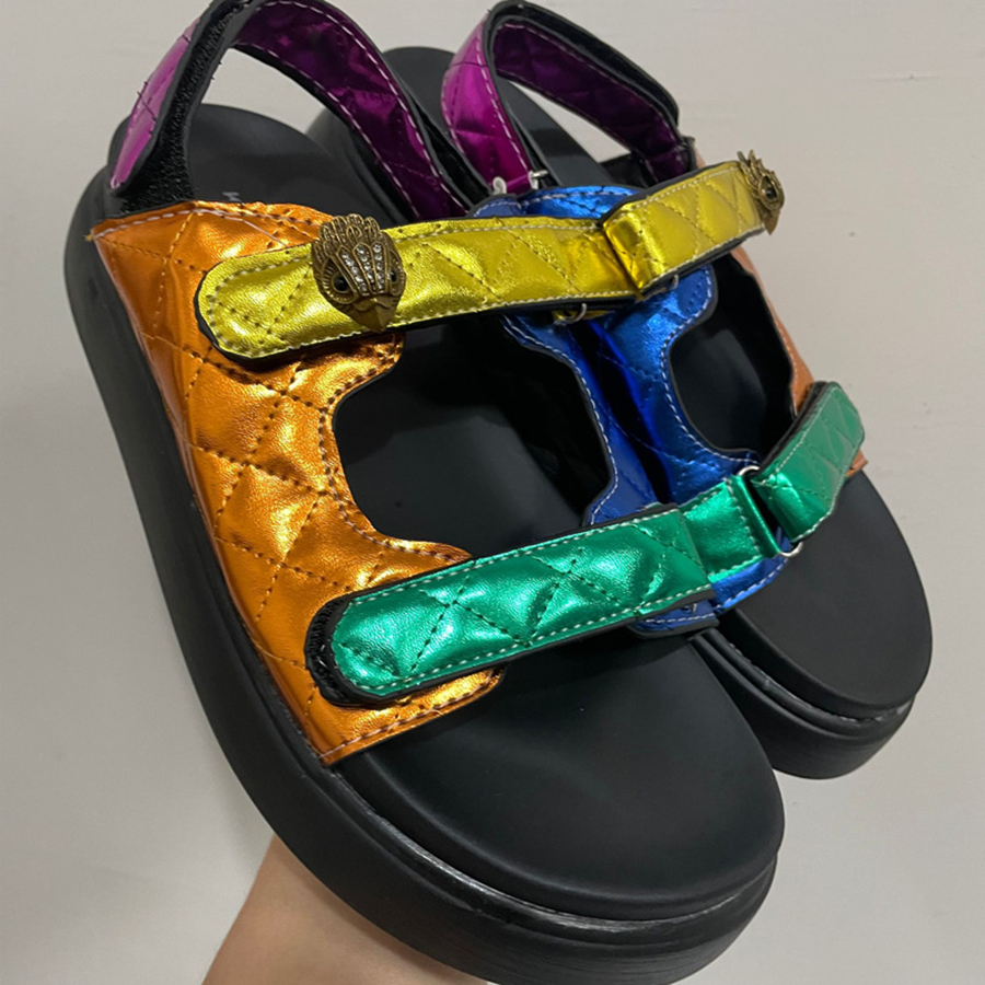 

Kurt Geiger Sandals Platform Slippers Women Stitching Luxury Rainbow Summer Flat Beach Sandal Designer Slides Flat Shoes Eagle Head Diamond Hook Loop Buckle, As pic 3-rainbow