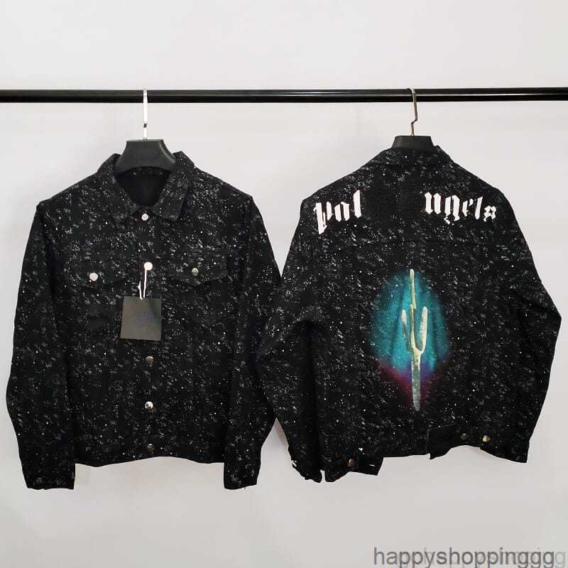 

High Version Palm Designer Denim Jacket Splashed Ink Wash Short Cardigan Coat Men Women Fashion Denims Coats, Black