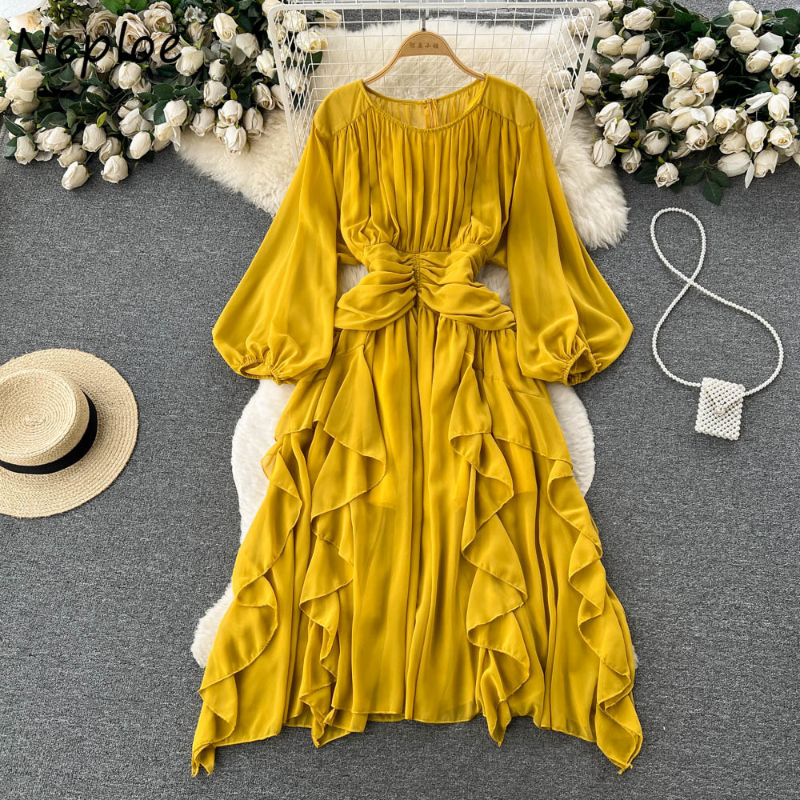 

Casual Dresses Summer Holiday Style Vestidos Femme Irregular Ruffled Decoration Dress Puff Sleeve Waisted Chiffon Large Swing Robes 2023, Same as picture
