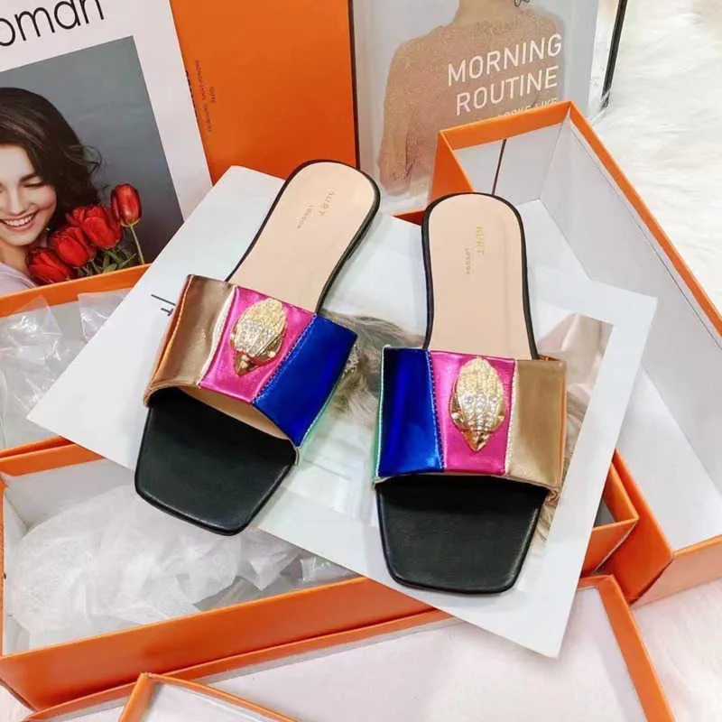 

New Kurt Geiger Flat Bottom Slippers Womens Splice Rainbow Sandals Designer Shoes Fashion Eagle Head Inlaid Diamond Slipper Summer Flat Beach Luxury Women Shoes, As pic 3-black-r