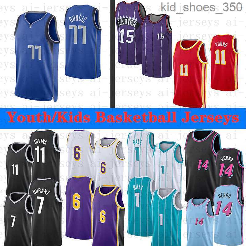 

Youth Kids Basketball Jerseys 1 Ball 15 Carter 77 Doncic 7 Durant 11 Young 11 Irving 14 Herro 6 LBJ Stitched size S M L, Youth irving