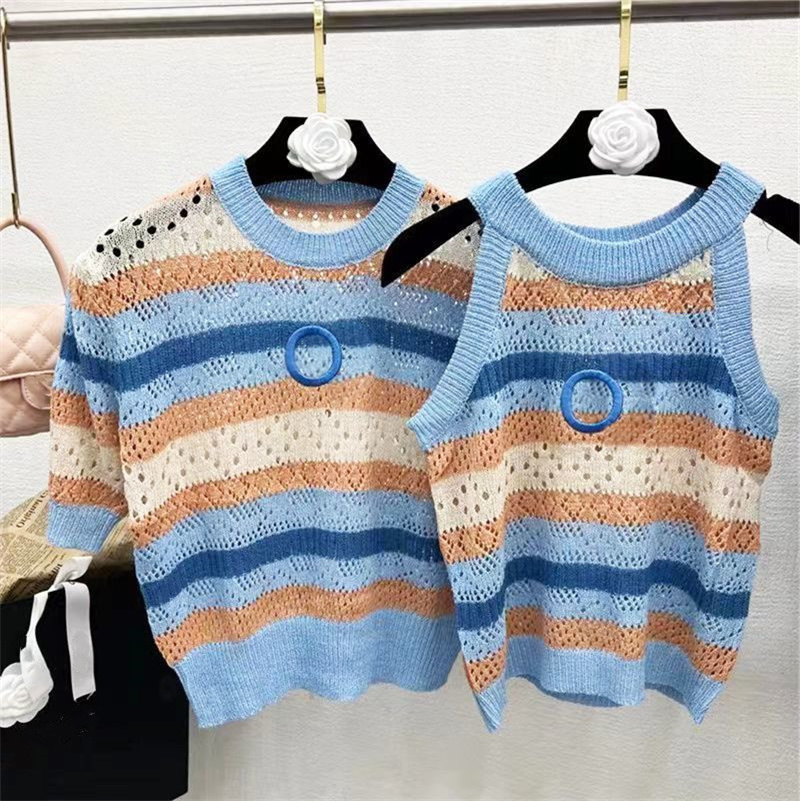 

Women's Knits & Tees Designer Striped Outer Wear Knitted Short Sleeve Vest Women'S Short Top Summer Hollow Out Knitted Vest Blue C417