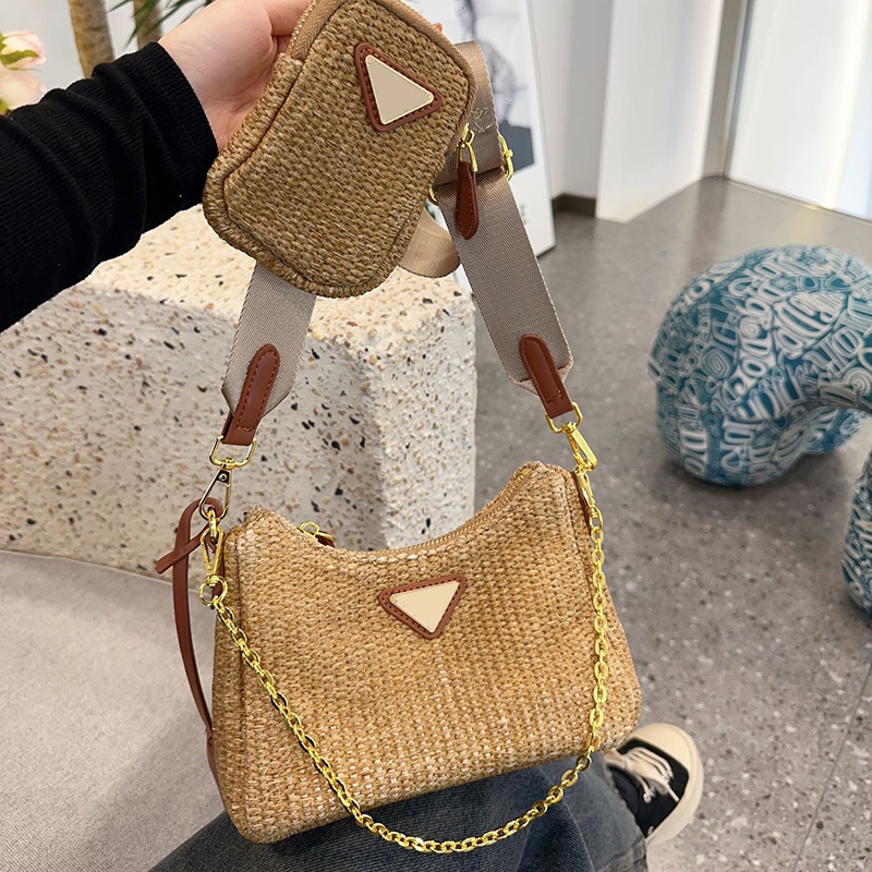 

3IN1 Womens Triangle Badge Straw Raffia Bags Gold Metal Hardware Chain Shoulder Purse Nylon Adjustable Strap Crossbody Handbags Outdoor Sacoche Purse 23CM, Box