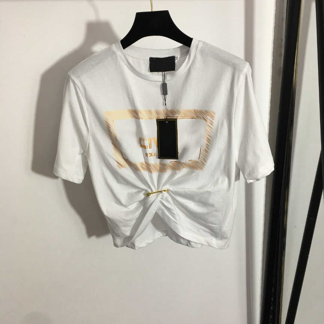 

23ss Womens T-Shirt tee womens designer clothing Pure cotton Hot gold monogram print large pin twist close waist crop short sleeve T-shirt High quality women clothes