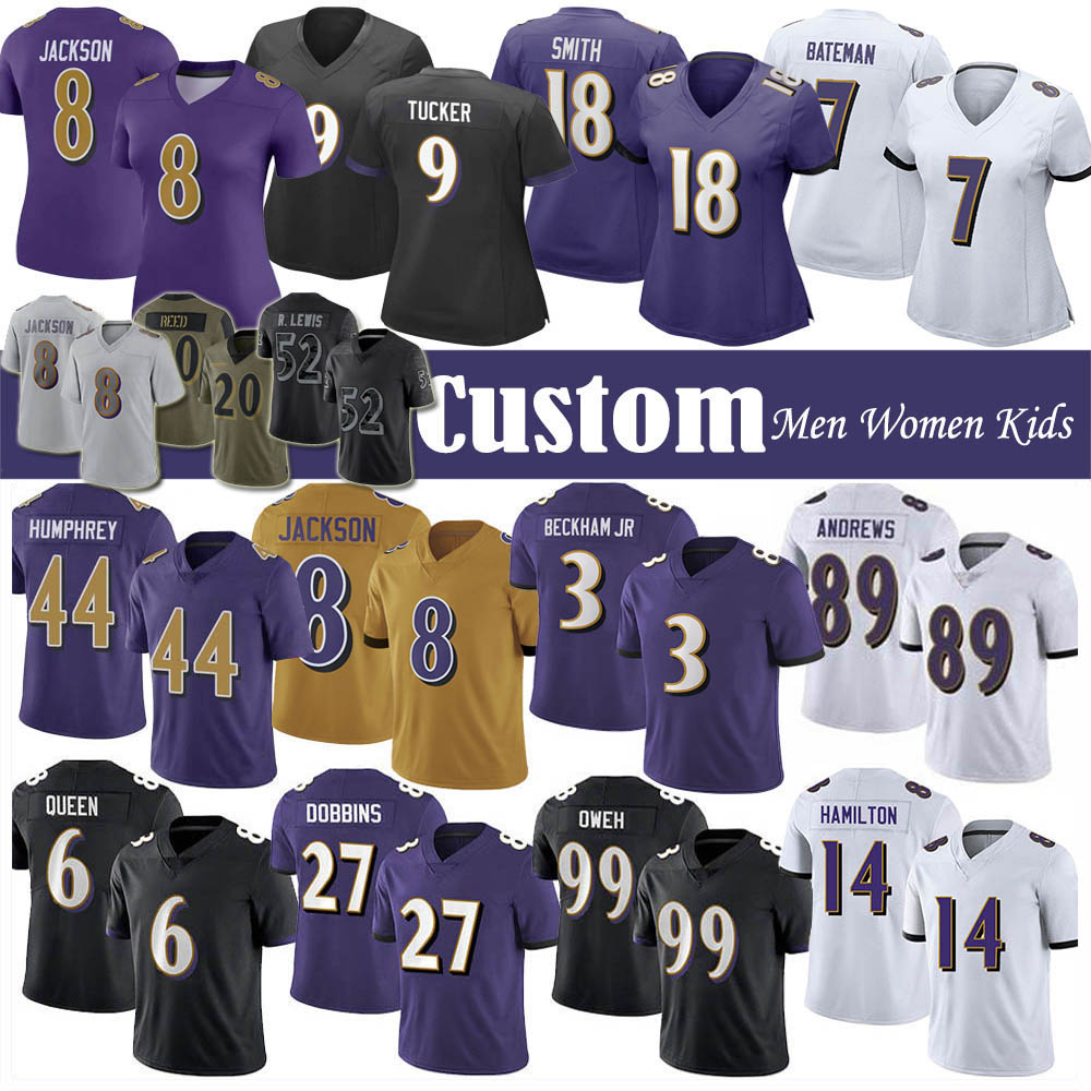 

3 Odell Beckham Jr Roquan Smith Football Jersey Custom Baltimores Raven Lamar Jackson Justin Tucker Mark Andrews Kyle Hamilton Marlon Humphrey JK Dobbins Odafe Oweh, Shown
