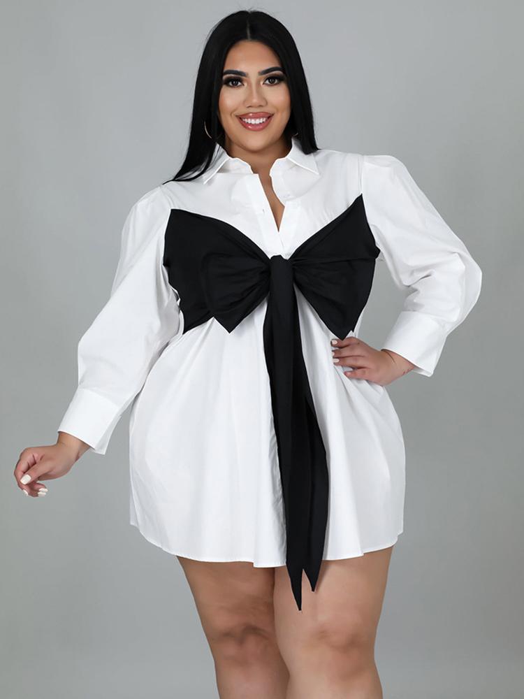 

Dresses ZJFZML ZZ PLUS SIZE DRESSES WOMEN 2022 WHOLESALE BLACK WHITE BOW TIE FRONT LONG SLEEVE LAPEL NECK SHIRT SHORT DRESS DROPSHIPPING