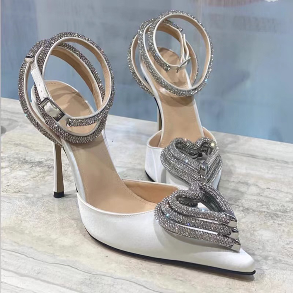 

Mach Satin Love shaped Pumps shoes Crystal Embellished rhinestone Evening shoes stiletto Heels sandals women heeled Luxury Designers ankle strap Dress shoe, Pink