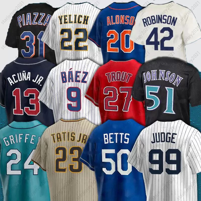 

New Yorks Tees Yankees baseball 22 Clayton Kershaw 99 Aaron Judge Baseball Jerseys Ronald Acuna Jr. Javier Baez Mike Trout 51 Randy Johnson Mike Piazza 27 Vladimir, As pic