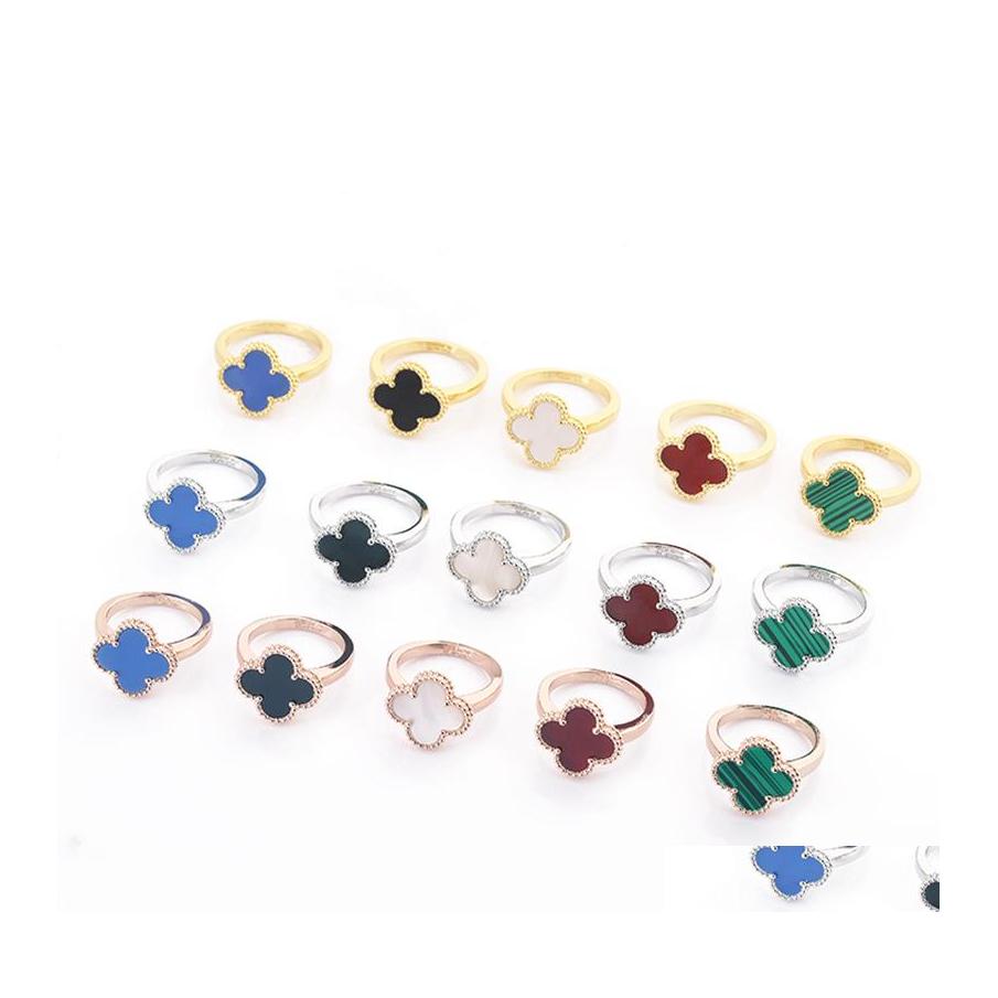 

Band Rings Classic Fourleaf Clover Jewelry Woman Ring Fashion Designer Natural Shell Red White Black Green Turquoise Gift Drop Delive Otzjh