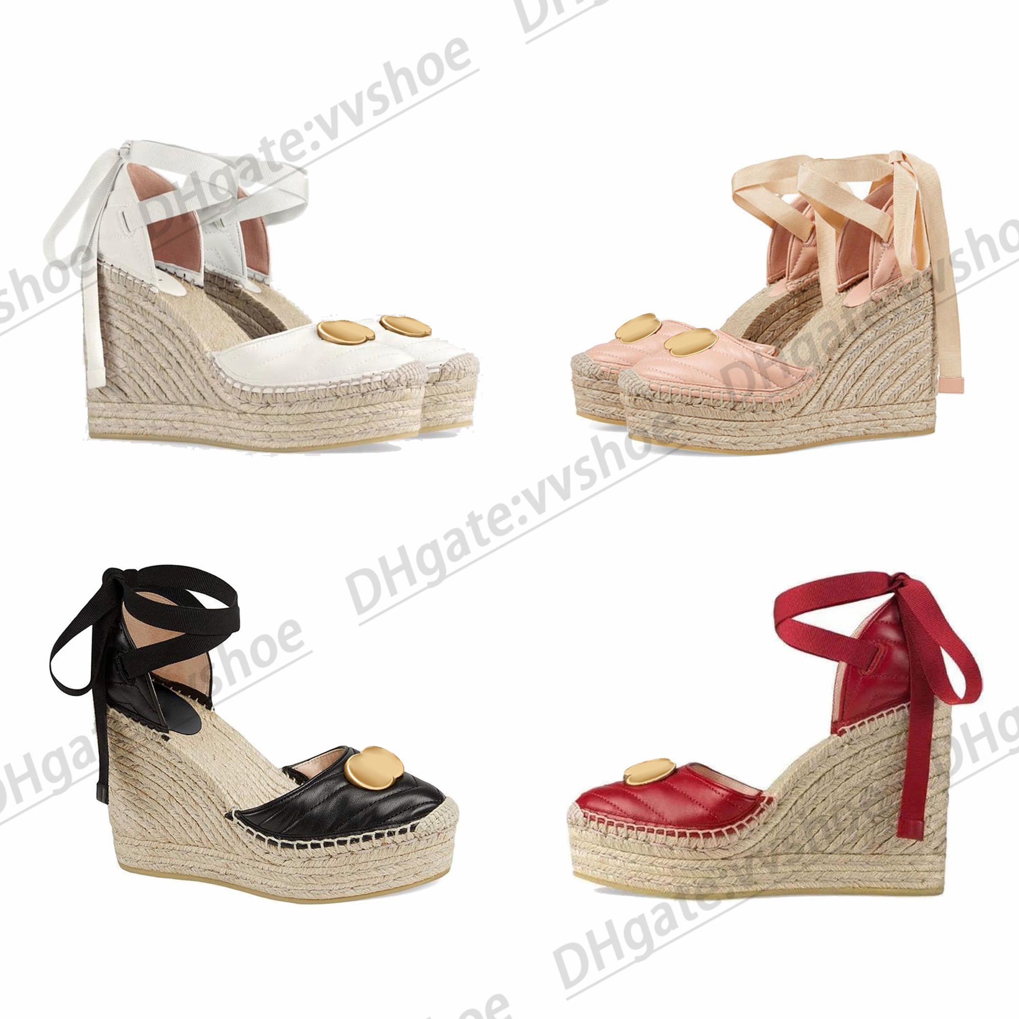 

wedge sandals women luxury designer shoe classic espadrille slide with ribbon tie leather men slipper summer thick platform easy to wear high heel, #5