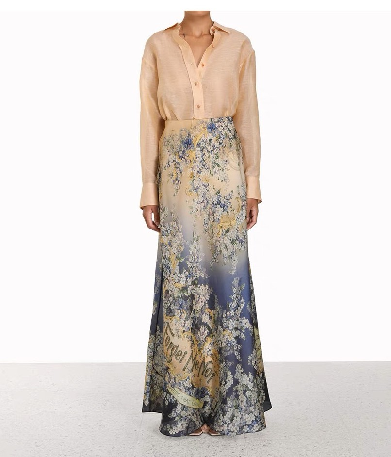 

Two Piece Dress 2023 Australian designer designs silk linen shirt, silk European heel yarn printed skirt set, Multi