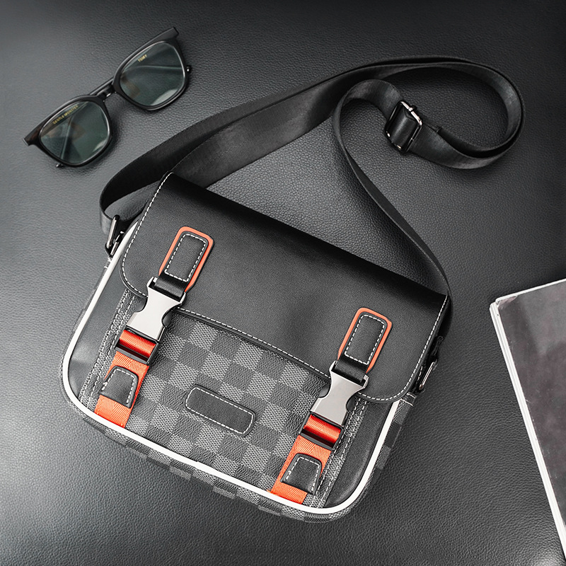 Mens shoulder bags 2 colors classic color matching plaid postman bag street popular embroidered men backpack flip wear-resistant leather handbag-image-731219796