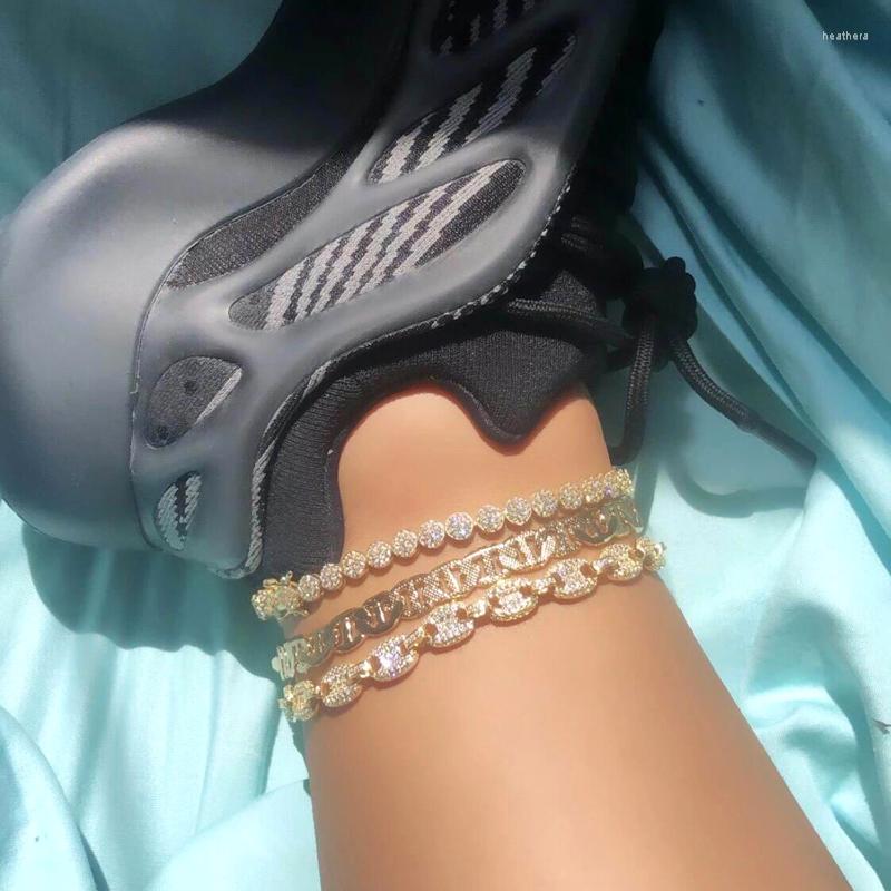 

Anklets Gold Silver Color Iced Out Zircon Coffee Bean Link Anklet 8MM Punk 5A CZ Bubble Chain Bling Hip Hop Fashion Women Jewelry