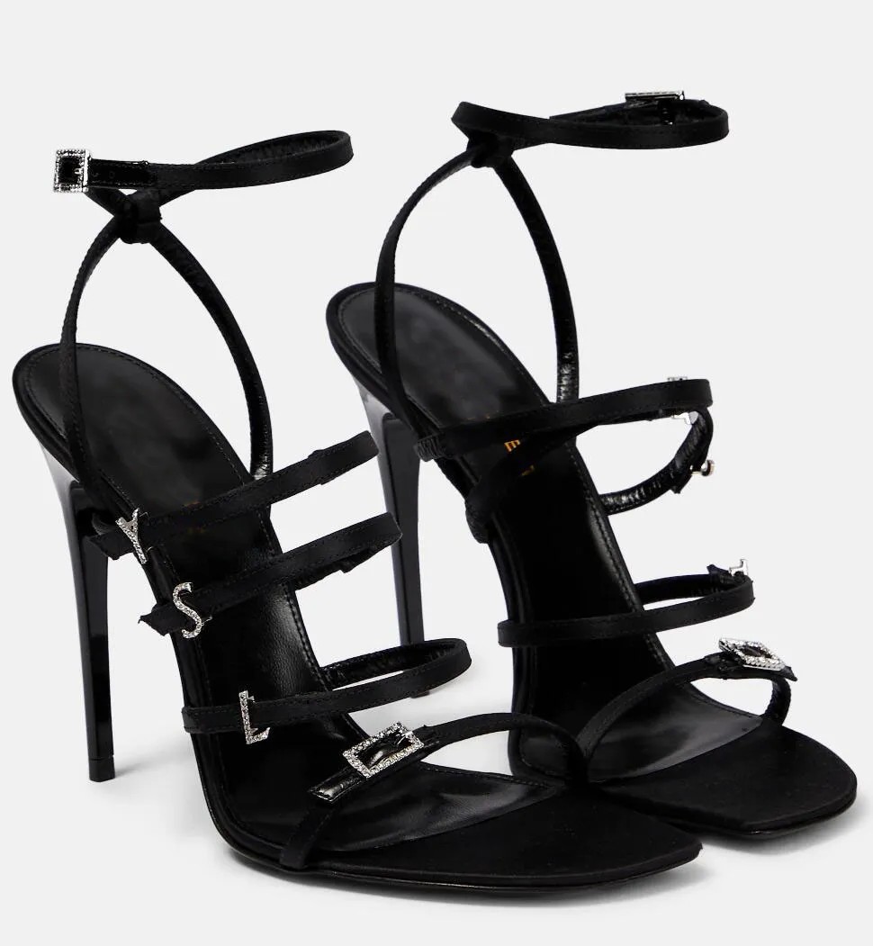 

Luxury Summer Brand Jerry Sandals Shoes Women Crystal-embellished Satin Buckles Strap High Heels Black Lady Sandalias Party Wedding Dress EU35-43