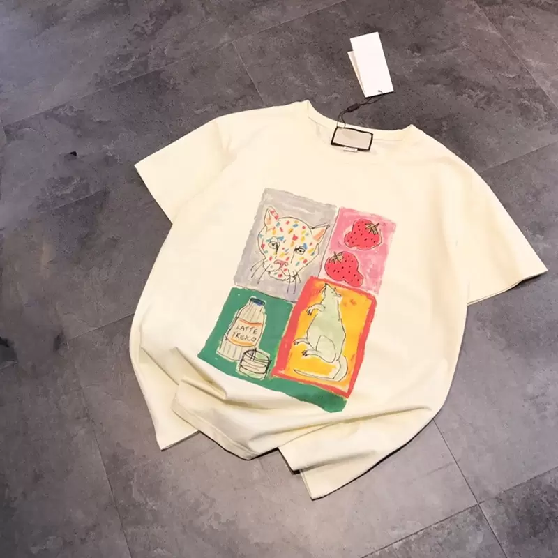 

2022 Spring Summer New Designer Trend Women' T-Shirt Four Grid Hand painted Graffiti Cartoon Strawberry Leopard Mouse Print Casual Roun dQe, Yellow
