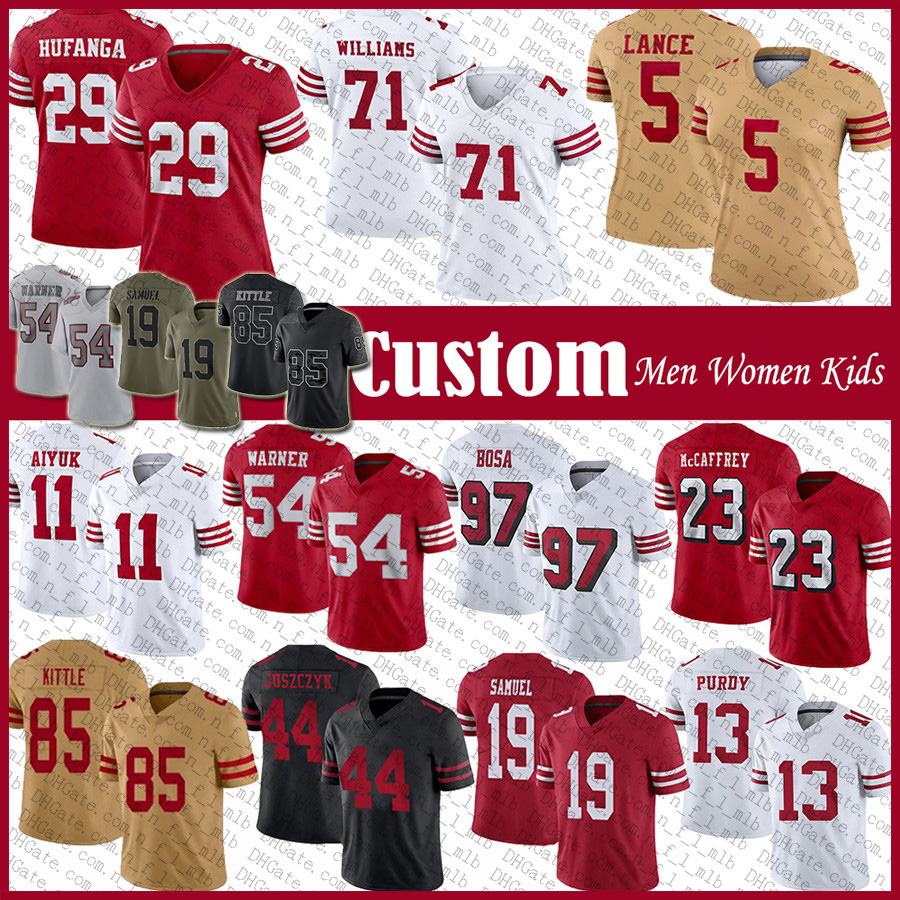 

Custom 85 George Kittle McCaffrey Bosa Aiyuk Football Jersey Brock Purdy Deebo Samuel Fred Warner Talanoa Hufanga Kyle Juszczyk Trey Lance Trent Williams Jerry Rice, Shown