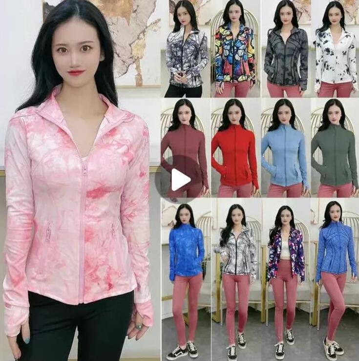 

LULUS Yoga Coat Women's Printed Top Standing Neck Zipper Sports Tight Thumb Sleeves Autumn/Winter Yoga Suit Quick Drying Jacket OEQ, Kae