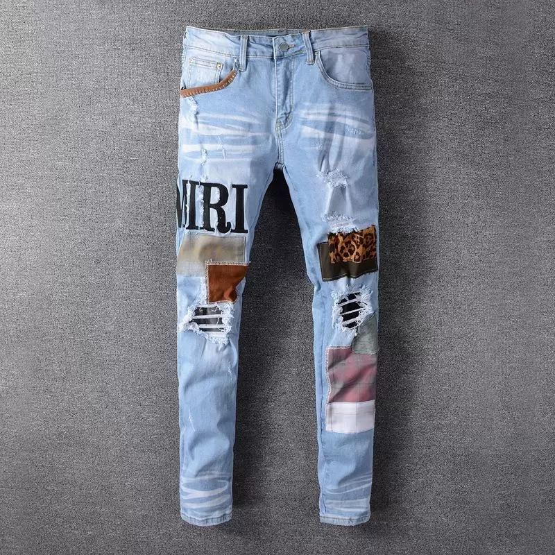 

Men's Jeans Fashion Patch Ripped Blue Men Slim Fit Designer Washed Denim Trousers Hip Hop DJ Party Punk Rock Pants JmH, Sky blue