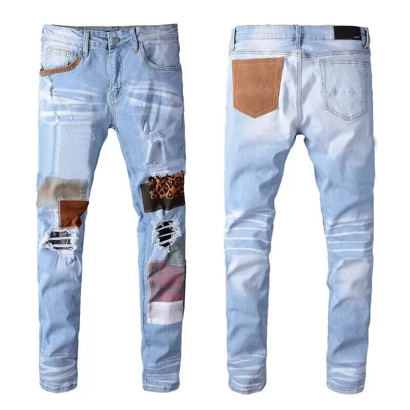 

2023 men's pants hip-hop vaqueros overlap high street fashion brand jeans retro torn fold stitching men's designer motorcycle riding sli XIE, Style 5