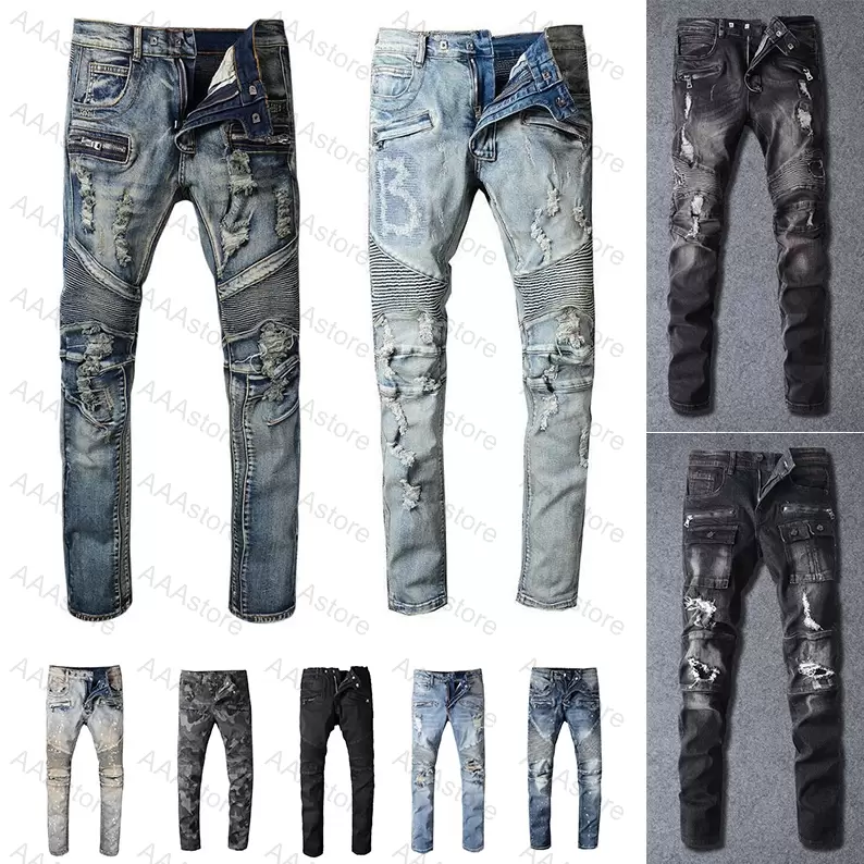 

Mens Designer Jeans Distressed Ripped Biker Slim Fit Motorcycle Bikers Denim For Men s Fashion Mans Black Pants pour hommes GCD