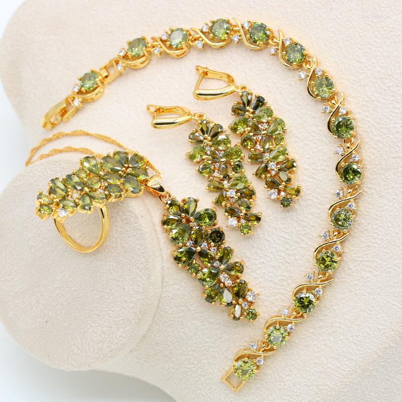 

Necklace Earrings Set Luxury Green Peridot Gold Color Bridal Jewelry For Women Bracelet Pendant Ring Birthday Gift, Picture shown