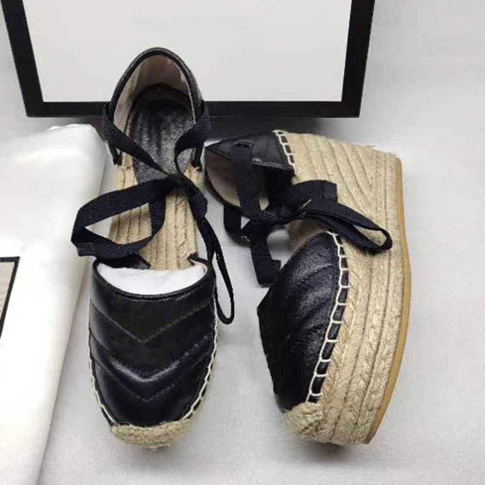 

Designer Twine Braided Sandals Women Espadrille Strap Round Wedge Heel Heels Fashion Genuine Leather Fisherman Wedding Dress Party Shoes With Box NO037