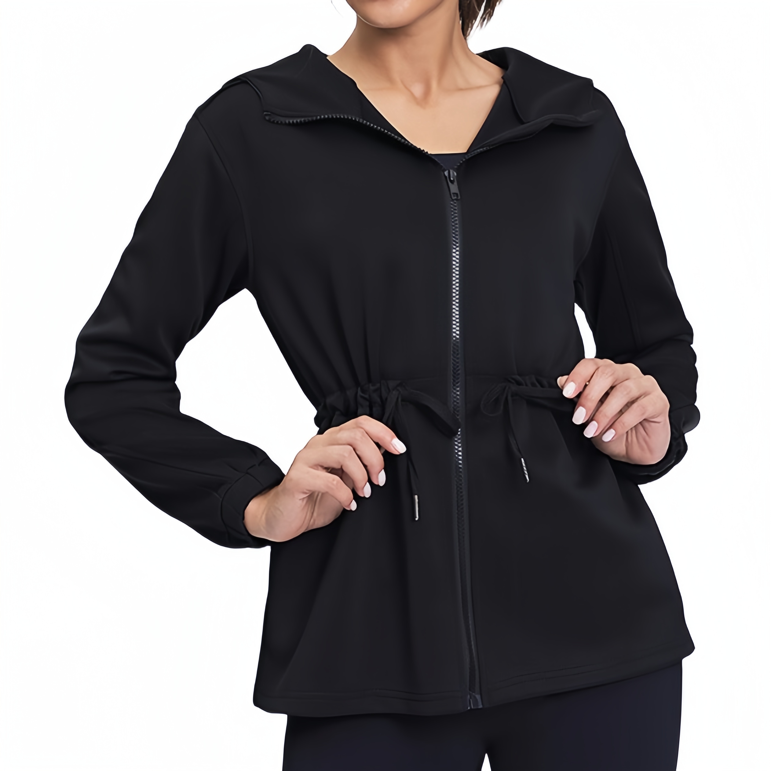 Lu Yoga Outfits Breathable Quick Dry Black Zip Waist Drawstring Eyelet Design Cardigan Hoodie Tops Casual Jacket Gym Workout Clothes Sports Jogge-image-788310360