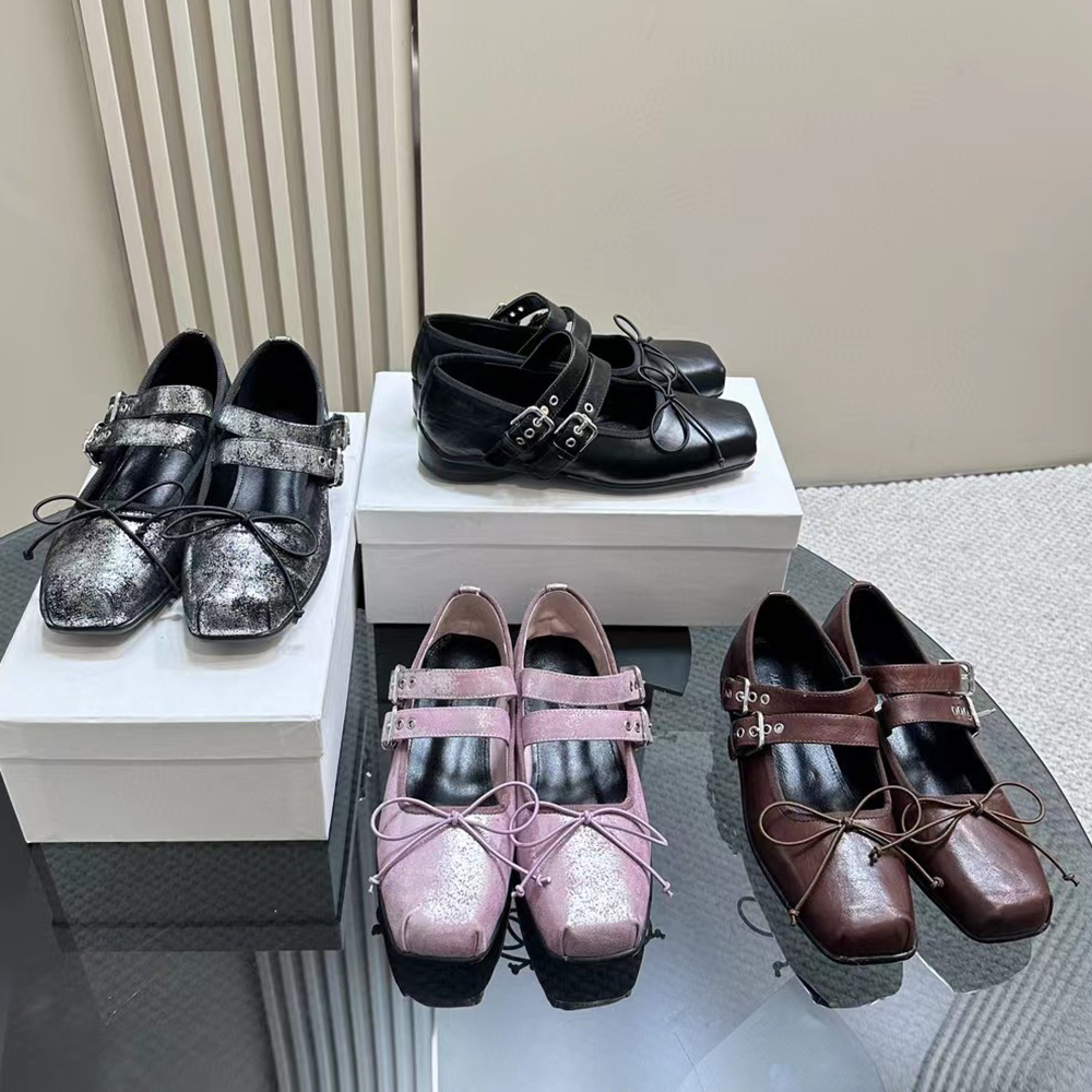 designer Dress shoes Spring and Autumn 100% cowhide Belt buckle bow Ballet Dance shoes fashion women black Flat boat shoe Lady leather Trample La-image-921382093